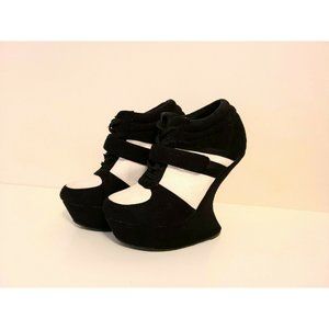 Hot Tomato Black and White Suede High Heel Booties with Laces, Womens US 7M